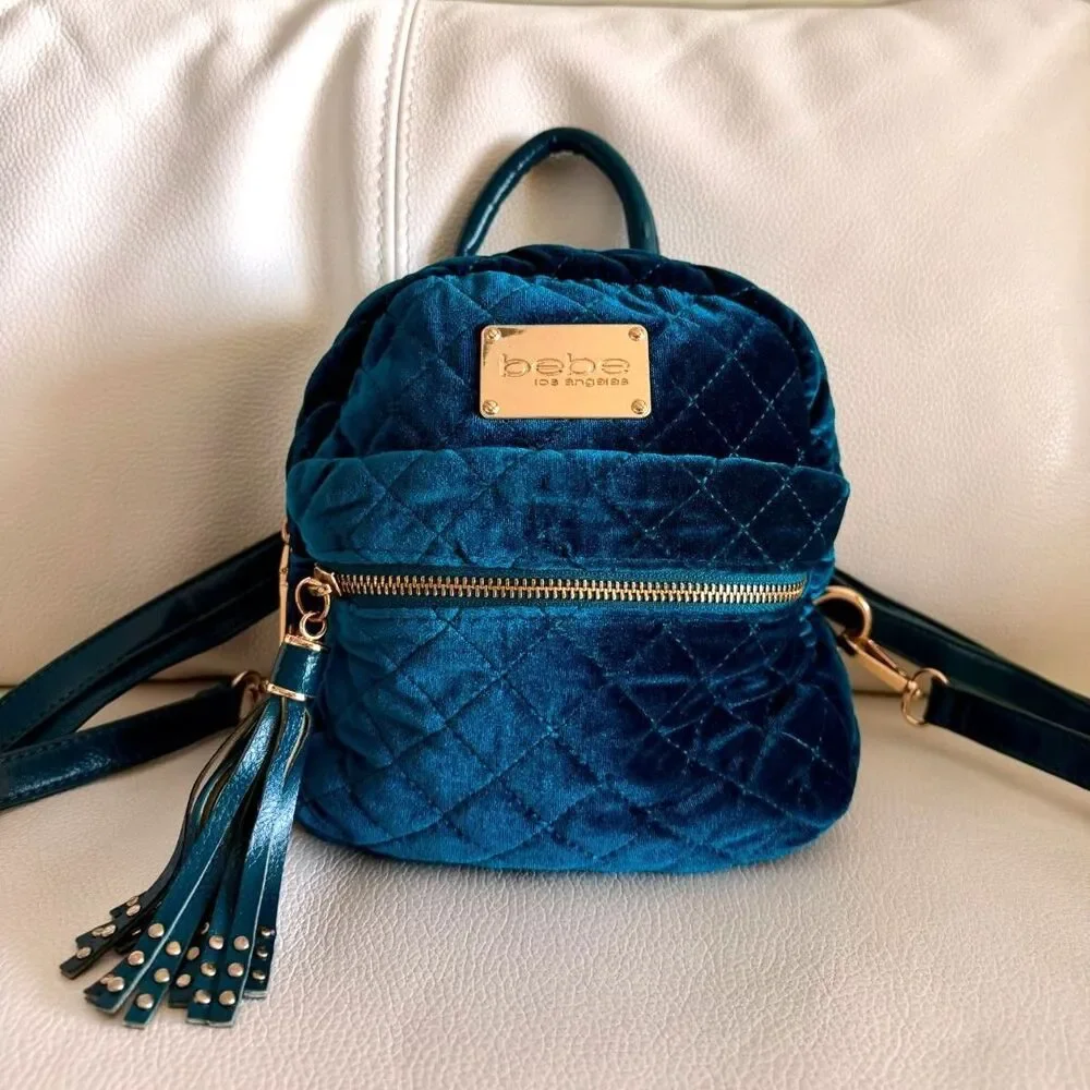 Bebe Teal Quilted Velvet Mini Backpack Gold Hardware Tassel Y2K